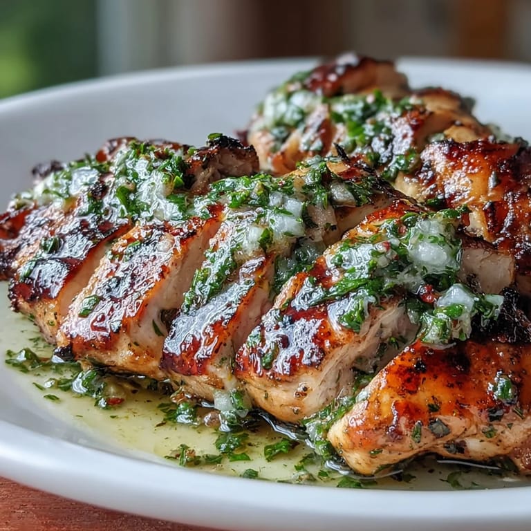 A colorful, wholesome Chimichurri Grilled Chicken Bowl topped with zesty chimichurri, sautéed greens, and juicy cherry tomatoes.  