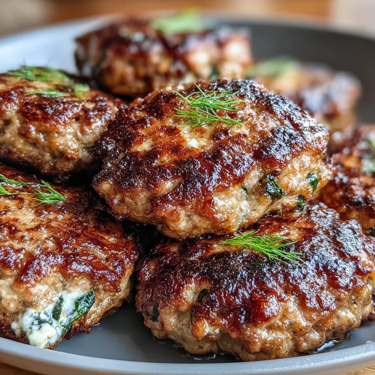 Flavorful turkey patties infused with dill, oregano, and feta, topped with fresh spinach and red onion, ready to serve with pita or roasted vegetables for a wholesome meal.  