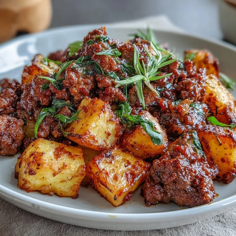 Savory ground beef and tender potatoes simmer together in a flavorful, high-protein skillet recipe.