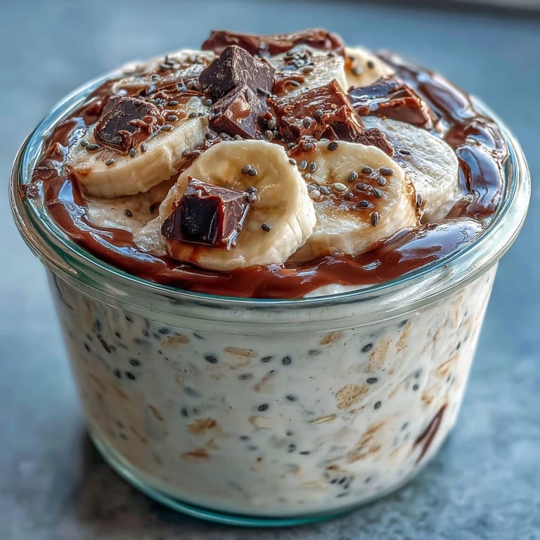 Velvety overnight oats topped with ripe banana, dark chocolate chips, and a sprinkle of chopped nuts.  