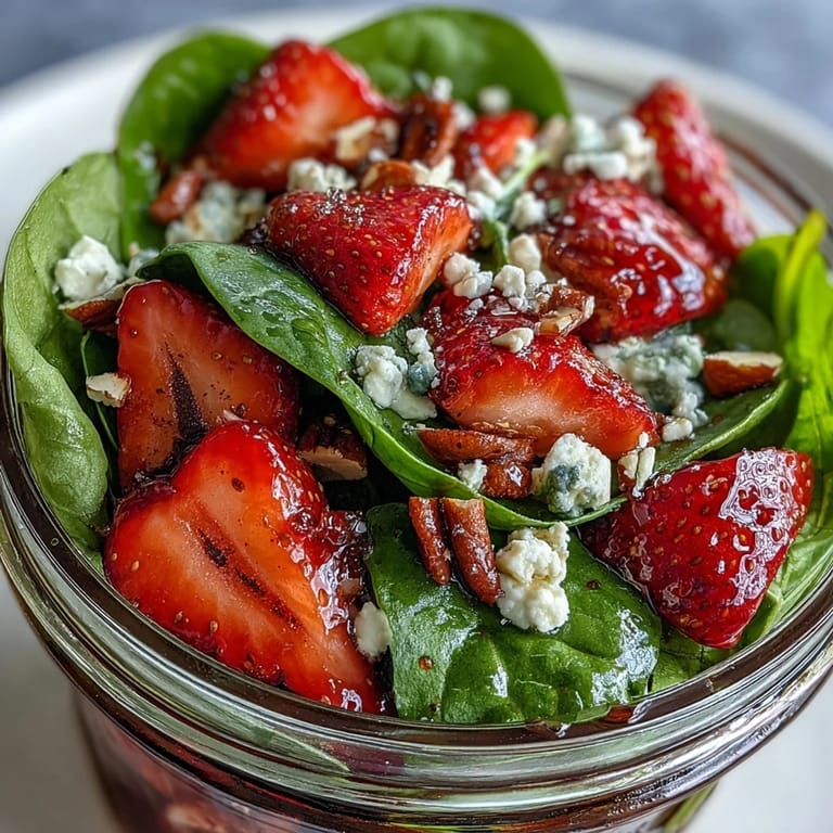 Bright, refreshing mason jar salad featuring baby spinach, juicy strawberries, and tangy balsamic vinaigrette, perfect for easy meal prep or a light lunch.