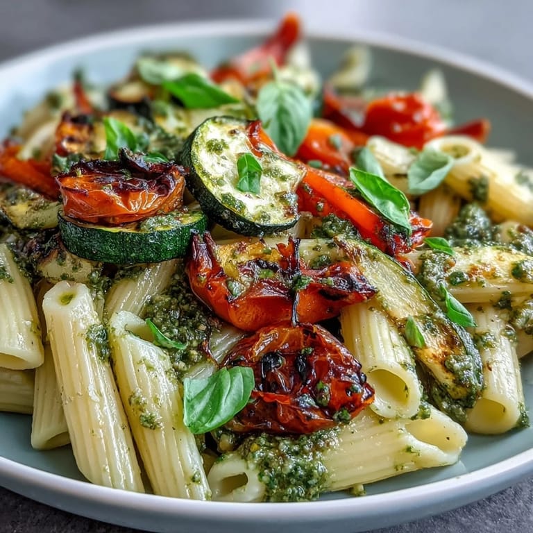 Vibrant roasted zucchini, bell peppers, and cherry tomatoes tossed with pesto pasta, garnished with fresh basil leaves.