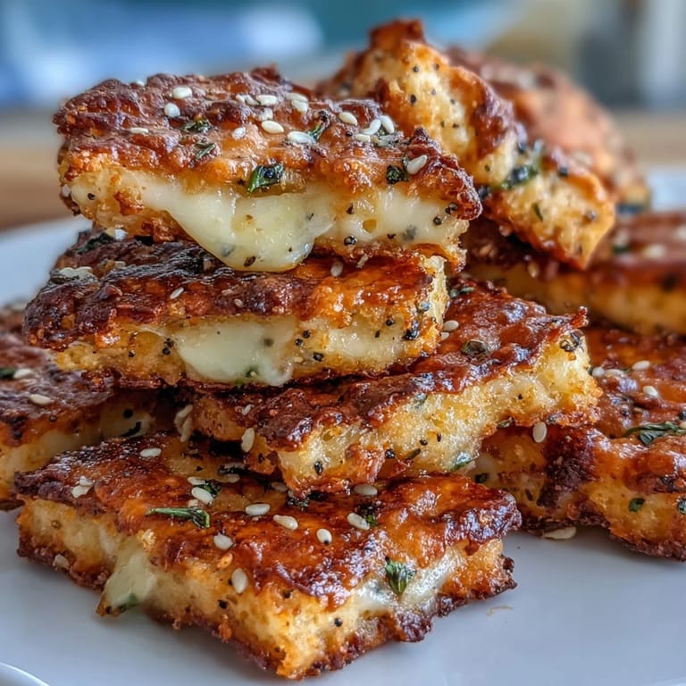 Cheesy sourdough snack crackers topped with savory everything bagel seasoning, baked until golden and crunchy.  