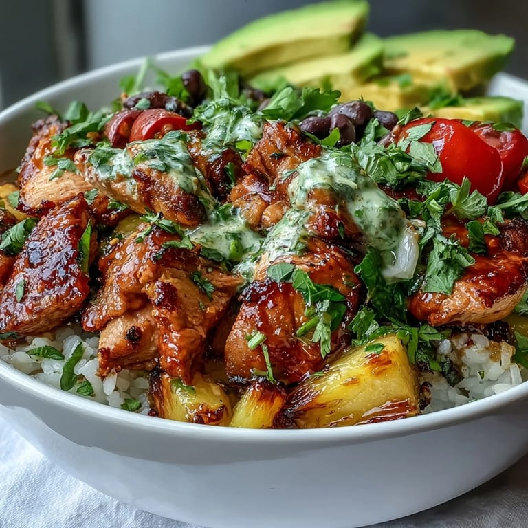 Colorful tropical chicken taco bowls served over coconut rice, garnished with black beans, cherry tomatoes, and zesty lime wedges.  