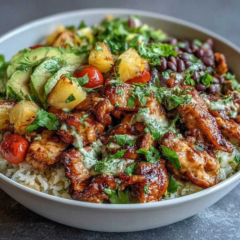 Delicious chicken and pineapple taco bowls with spiced coconut rice, fresh cilantro, and a side of bright, citrusy lime.