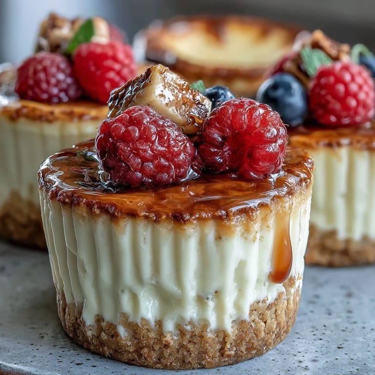 Silky cottage cheese cheesecake cups baked to perfection, topped with juicy berries and a honey drizzle.
