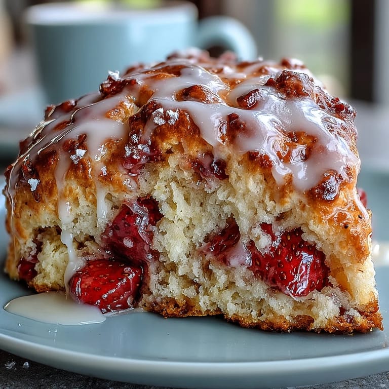 Flaky, buttery strawberry scones topped with zesty lemon glaze, perfect for a cozy breakfast or brunch spread.  