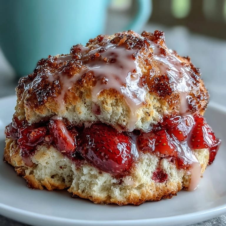Warm, tender scones packed with juicy strawberries, finished with a glossy lemon glaze and a side of fresh berries.