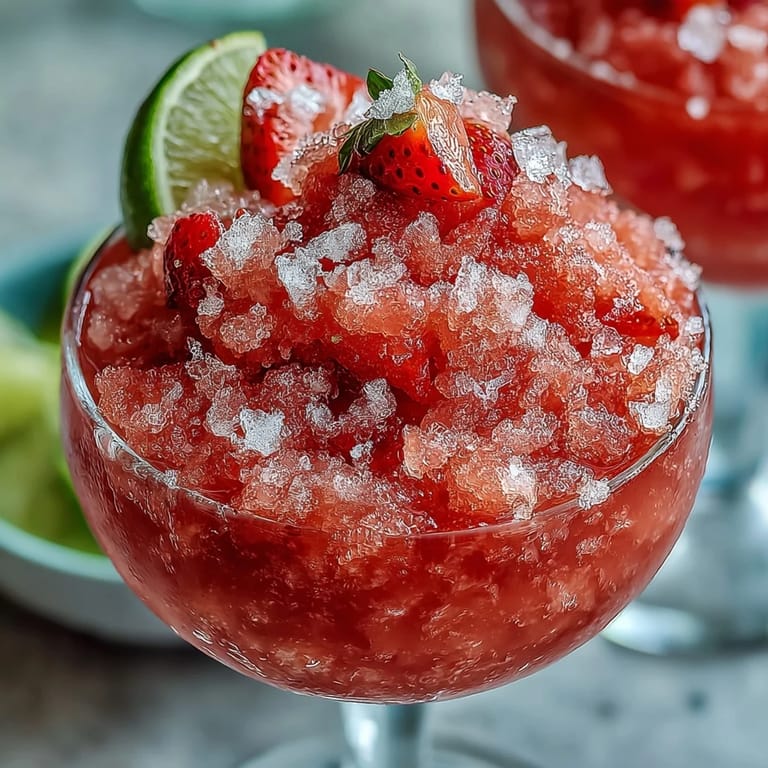 Chilled glasses filled with vibrant Light Strawberry Daiquiri Slushies, garnished with fresh strawberry slices and lime wedges for a festive touch.