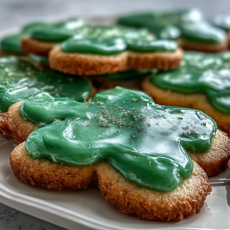 Buttery sugar cookies cut into shamrock shapes, topped with smooth royal icing for a vibrant St. Patricks Day dessert.  