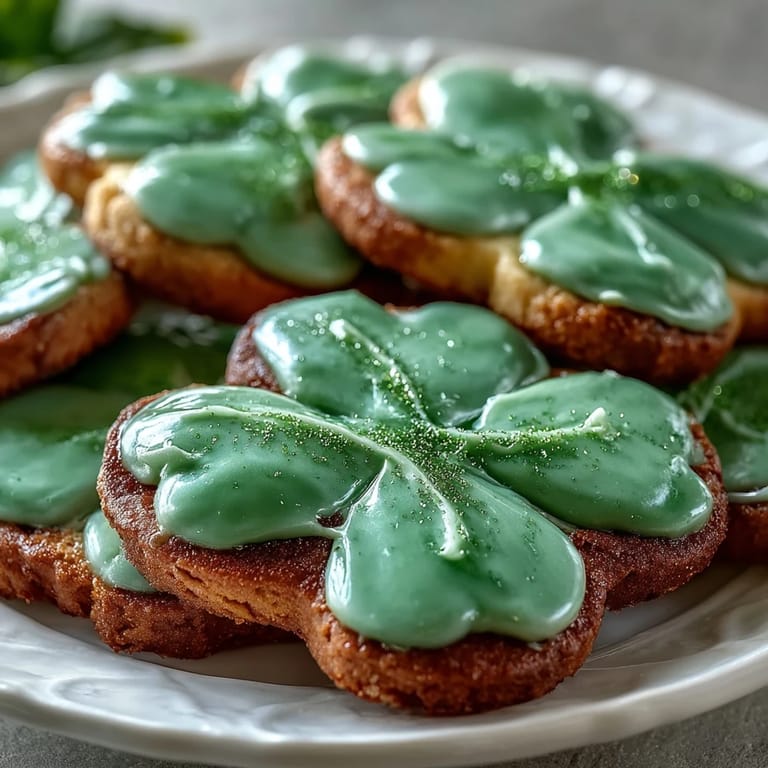 Delicate shamrock-shaped cookies with vibrant green royal icing, perfect for celebrating St. Patricks Day with a sweet treat.