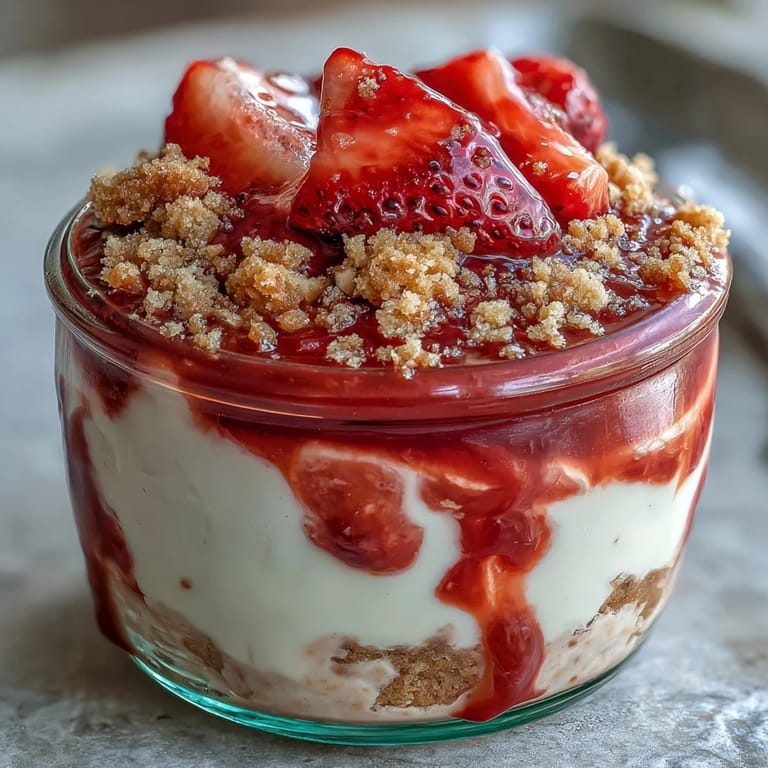 Delicious strawberry cheesecake overnight oats layered with fresh strawberries, cream cheese, and crushed graham crackers for breakfast.