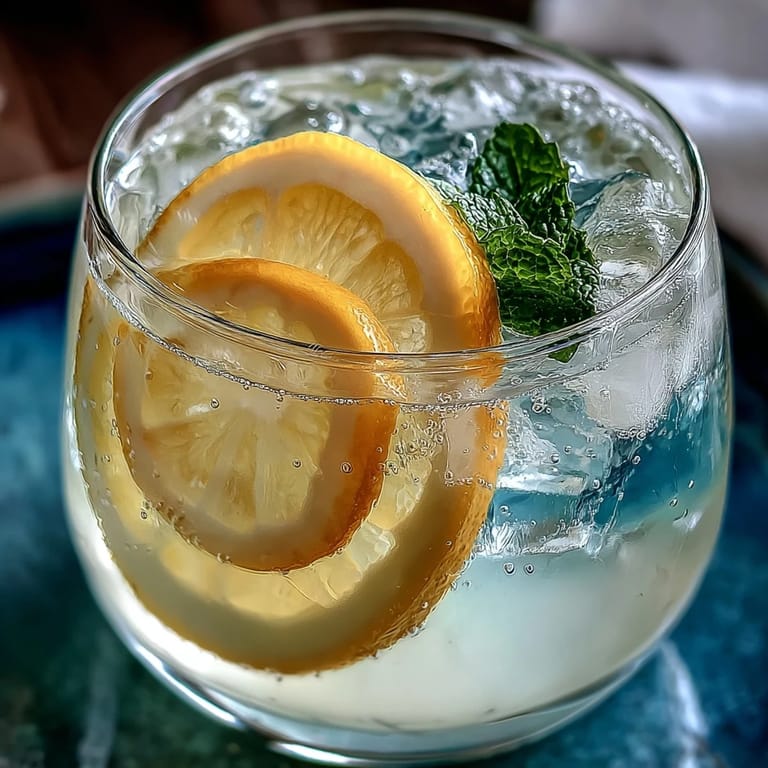 Creamy lemon sorbet and chilled limoncello float in bubbly sparkling lemon water, creating a refreshing summer dessert cocktail.