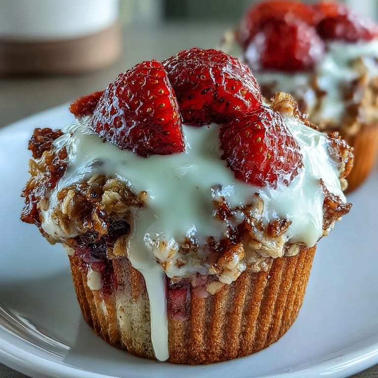 Moist strawberry muffins baked with Greek yogurt and oats, topped with a sprinkle of oats, perfect for a healthy snack.