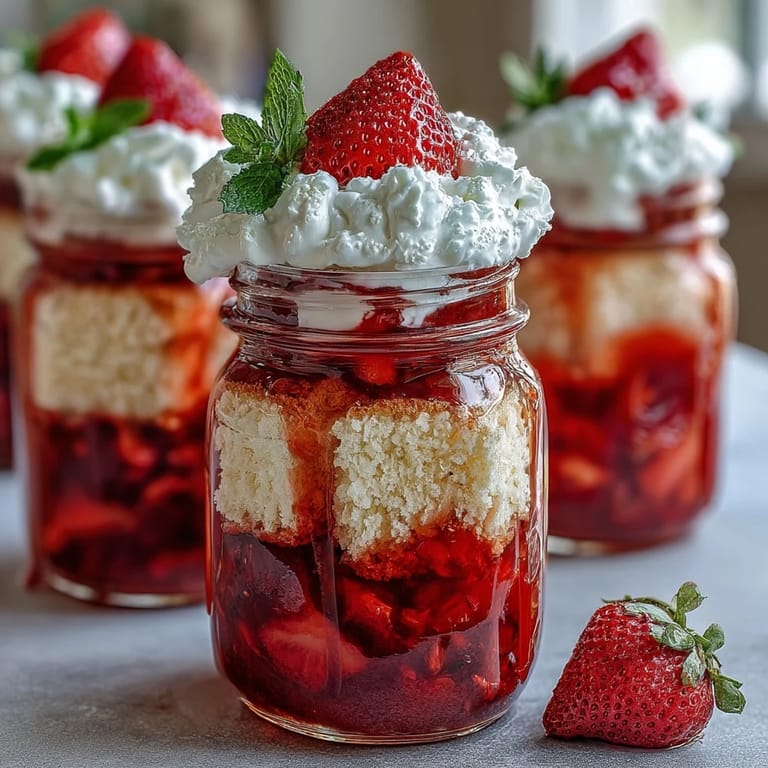 Portable mason jar strawberry shortcake parfaits with bright berries and dreamy whipped cream for easy serving.