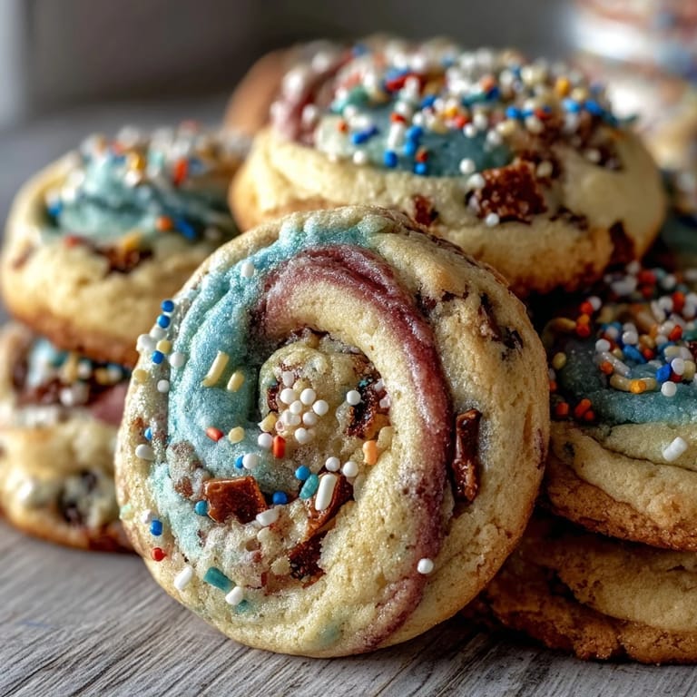 Vibrant pastel swirl sugar cookies, inspired by Cookie Run Kingdom, featuring buttery texture and cheerful sprinkle decorations.