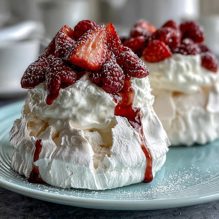 Light and airy pavlova nests filled with sweet whipped cream and fresh strawberries, perfect for a spring dessert.