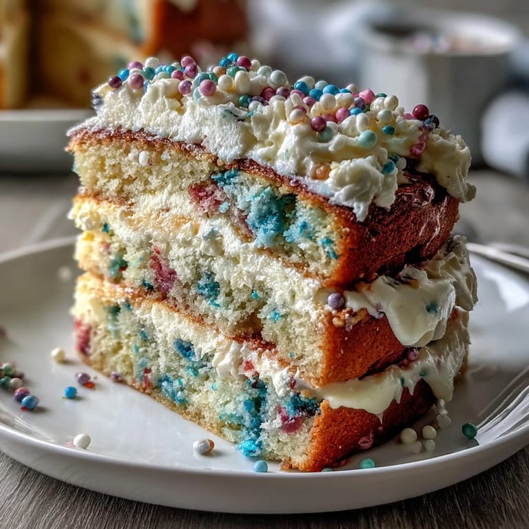 Soft vanilla Funfetti Cake layered with swirled pastel buttercream, ideal for spring gatherings.