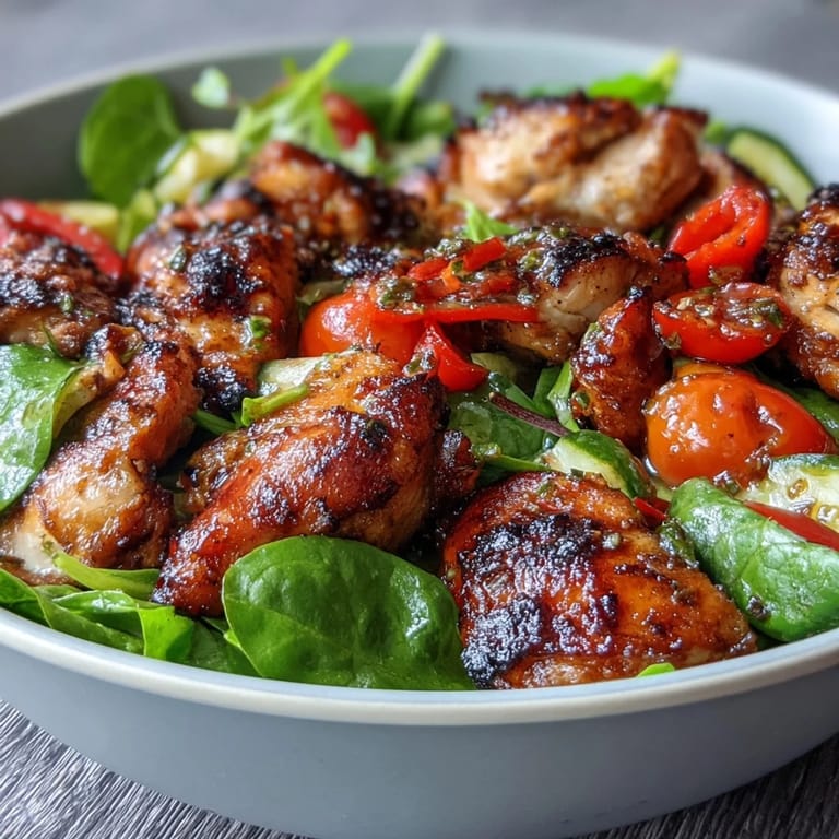 Zesty lemon vinaigrette drizzled over grilled chicken and fresh veggie bowl with quinoa, spinach, and bright cherry tomatoes.