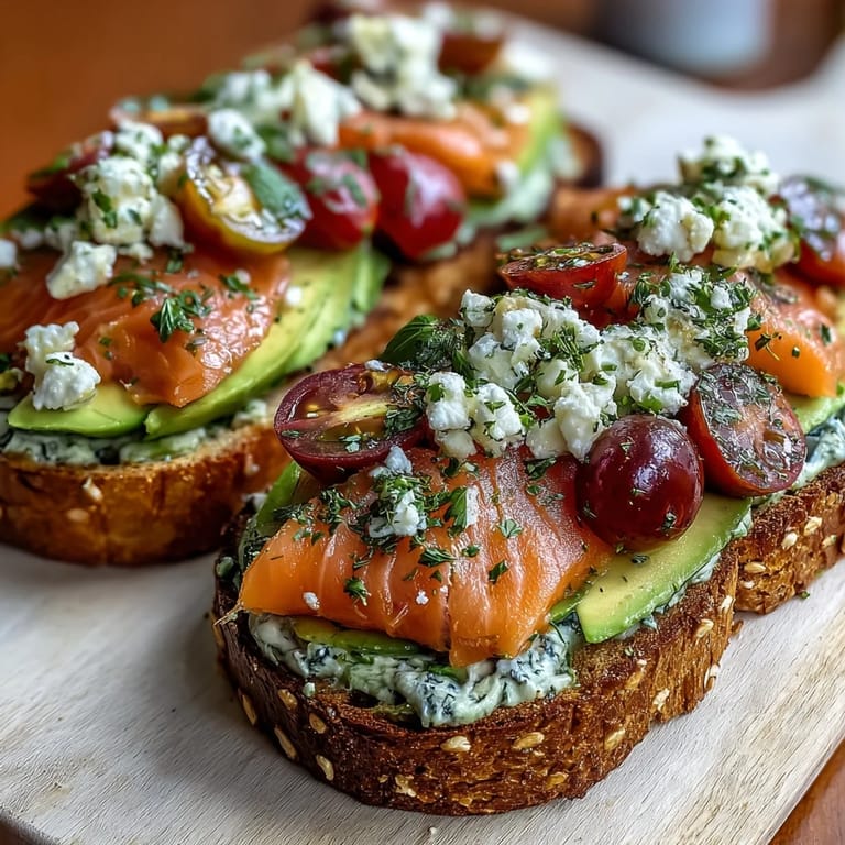 Artful avocado toast platter with smoked salmon, ripe tomatoes, crisp cucumbers, and edible flowers, perfect for a festive spring brunch gathering.