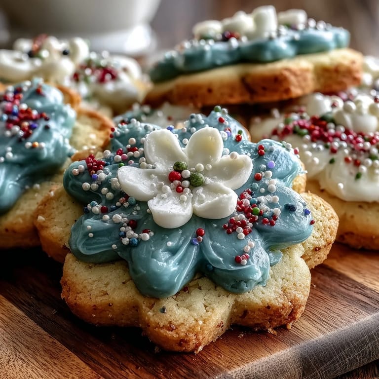 Buttery shortbread cookies in flower shapes, decorated with vibrant royal icing for a festive spring dessert.