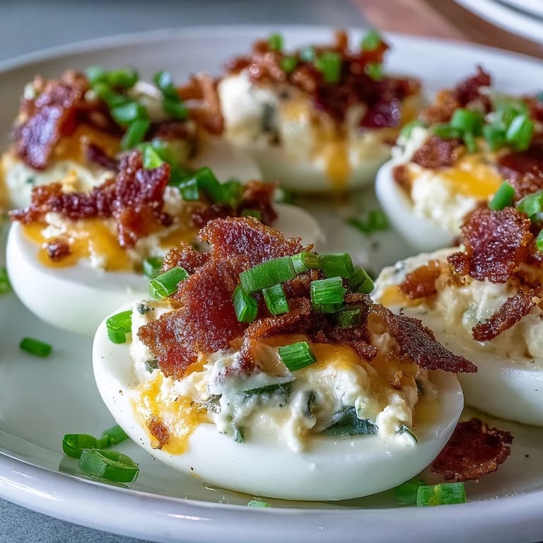 Classic deviled eggs get a zesty upgrade with jalapeño, cheddar, and smoky bacon for a bold bite.