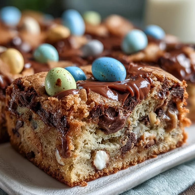 Festive Easter treat featuring creamy peanut butter cookie bars loaded with pastel chocolate Easter egg candies.