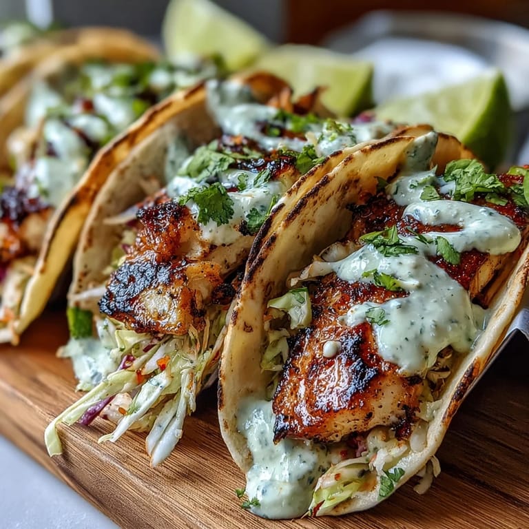 Golden grilled fish tacos with coconut lime crema, topped with vibrant cilantro and served with warm tortillas for a tropical twist.