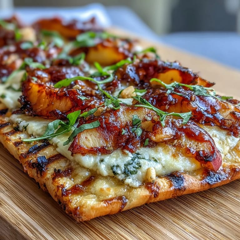 Golden grilled peaches and creamy Brie melt together on flatbread with tangy BBQ sauce.