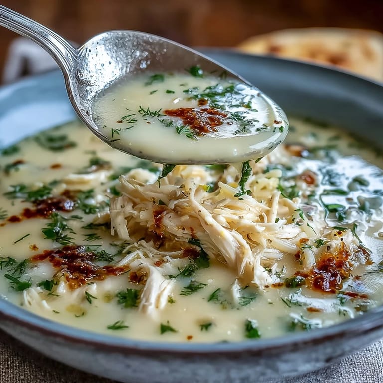 Comforting Greek-style soup with tender chicken, bright lemon, and orzo, garnished with fresh dill and lemon wedges.  
