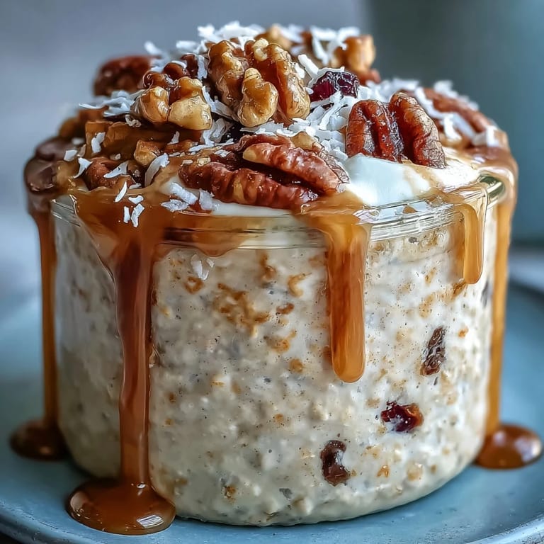A jar of Carrot Cake Overnight Oats layered with grated carrots, oats, and walnuts, topped with Greek yogurt for a protein-rich breakfast.