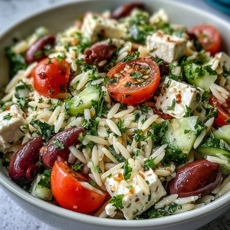 Creamy Summer Orzo Salad with Feta and Lemon, a refreshing, zesty dish.