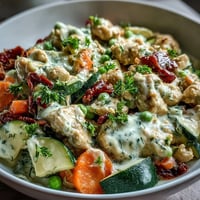 Creamy Ranch Turkey & Veggie Skillet simmering in a pan with colorful bell peppers and peas in a rich white sauce.