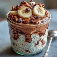Chunky Monkey Overnight Chia Pudding layered with banana slices and rich peanut butter in a glass jar.