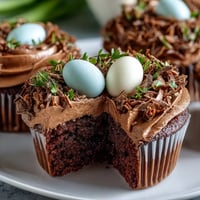 Easter Nest Cupcakes with chocolate buttercream and candy eggs, perfect for festive spring celebrations.